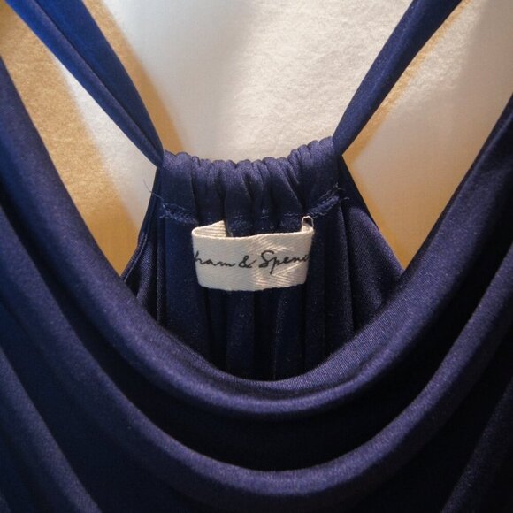 Graham & Spencer Navy Silk Midi Dress 100% Silk Sleeveless Drape - Picture 2 of 4